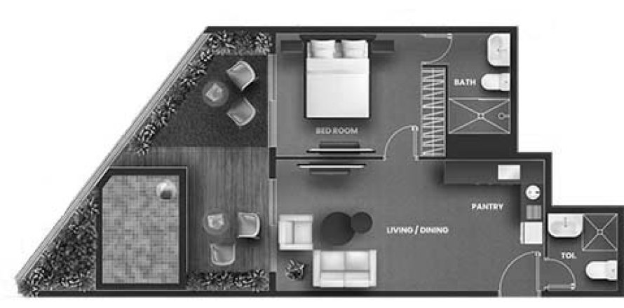 Планировка Квартиры «1BR-3» с 1 спальней в ЖК VINCITORE AQUA FLORA